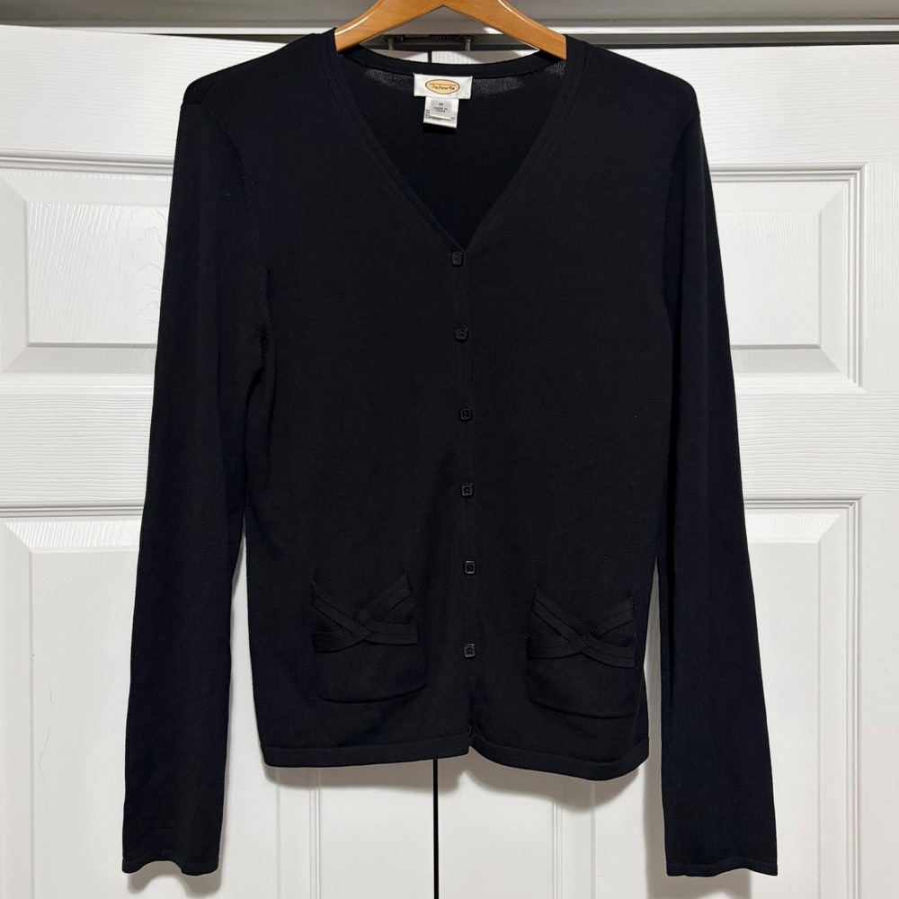 Talbots Cardigan Sweater Women Size M Black Silk Event Business Core Preppy Bow